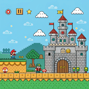 A screenshot from Super Mario Maker game. Features Course World section. Pixel art style. Vibrant colors. Castle-like structure and various characters.