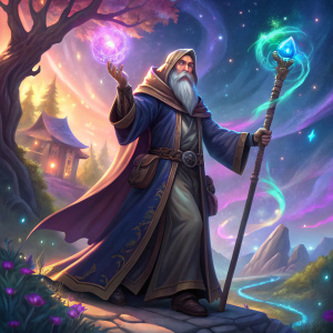 Deckard Cain from Heroes of the Storm, dressed in a long, flowing robe. Standing against a bright, colorful fantasy background. Illustration