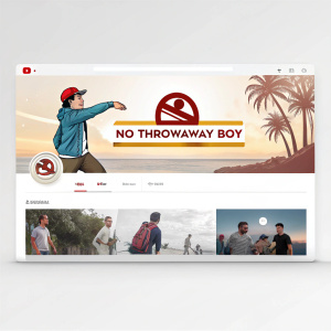 YouTube channel 'No Throwaway Boy' screenshot. Eye-catching profile page design. Banner highlights the channel's name 'NO THROWAWAY BOY' with logo and ad. Clean interface with header, main content area, and navigation tools. Aesthetic color palette.