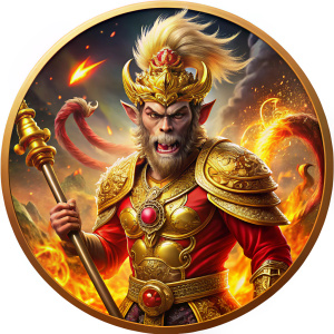 Main Elements: A fierce depiction of Sun Wukong (Monkey King) holding his iconic Golden Cudgel (Ruyi Jingu Bang), caught in mid-swing during an intense battle. Sun Wukong should have golden glowing eyes, wearing his traditional golden headband (Jin Gu) and a red flowing cape. The background features a radiating golden aura with scattered fiery sparks and shattered stones to emphasize power and action. The edge of the circular badge is adorned with an intricate Chinese dragon pattern relief.
Colo