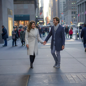 Mirka Federer and Roger Federer stroll along a bustling city street, amidst a crowd of people.