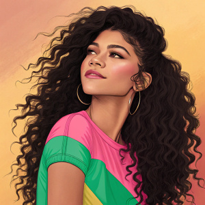 Zendaya, stunning actress, close-up shot. Vibrant, warm-toned background. Pink and green top, long, curly, dark hair