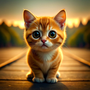 little yellow cat, big very sad eyes, super cute, realistic textured body, ((high quality)), 64k, UHD, HDR, masterpiece, chibi pixar style, full body, Full Color, landscape background, (cover: 1.5)
