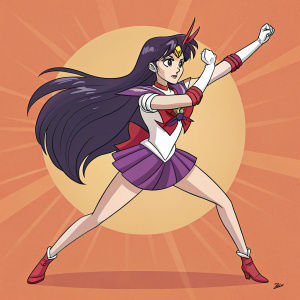 Sailor Mars, Rei Hino, in fierce stance, adorned in iconic purple uniform with standout accessories, against vivid orange backdrop.