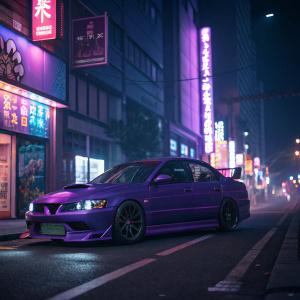 Purple Mitsubishi Lancer Evolution parked on a neon-lit city street at night. Neon signs in background