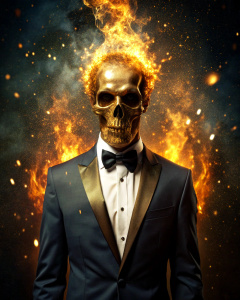 effect, photoshop action, realistic golden skull with human body in tuxedo gold on head, flames of fire, sparks, dust, explosion, effect, quality xd, micro detail sharpening,