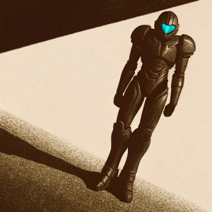 Digital art of Samus Aran's Gravity Suit from Metroid, depicted in a sleek, high-poly 3D render. The suit is predominantly gray with vibrant blue highlights. Futuristic and detailed design.