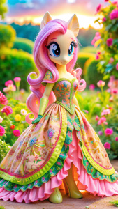 "Generate an image featuring Pony Fluttershy wearing a stunning dress designed by Rarity. The dress is intricately detailed, with elegant patterns and flowing fabric that accentuates Fluttershy's graceful appearance. Against a beautiful backdrop, perhaps a lush garden or a picturesque sunset, Fluttershy stands radiantly, embodying the epitome of elegance and style. This prompt aims to showcase the exquisite craftsmanship of Rarity's creations and Fluttershy's natural beauty in a harmonious blend