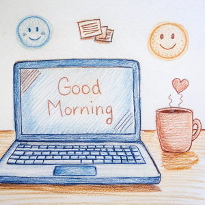 laptop screen good morning message with smiley and coffee on side