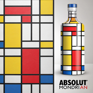 Flat graphic design for Absolut Mondrian vodka inspired by Piet Mondrian's geometric abstraction. Bold primary colors and black lines form a grid. The Absolut logo in bold sans-serif font at the right edge.