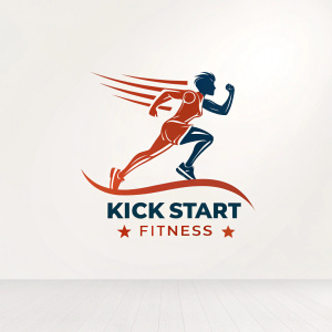 Dynamic logo for fitness brand 'Kick Start Fitness'. Abstract figure in a fitness pose. Clean and modern design with light background