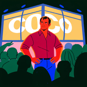 Henry Cavill at the latest Comic-Con. Wearing a maroon shirt. Standing confidently among a crowd of excited fans. Brightly lit background with the event logo prominently displayed