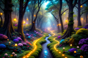 Craft an image of a midjourney through a bioluminescent forest, where plants glow in various colors, revealing hidden paths and mysterious creatures