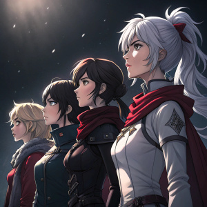 Digital art illustration of RWBY team. Inky black background. Weiss Schnee, Ruby Rose, Blake Belladonna, and Yang Xiao Long stand with dramatic lighting. Detailed hairstyles and outfits. Moody atmosphere