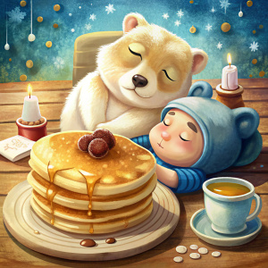 small sleeping bear and Ryan Gosling eats pancakes