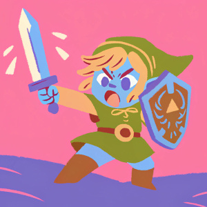 Chibi style illustration of Link from 'The Legend of Zelda: Breath of the Wild'. Bright colors, action pose