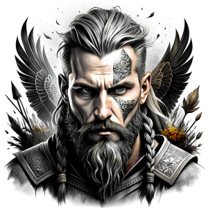 Wikinger mit zwei Gesichtern with yggdrasil – and weapons high-definition design, valhalla, grey and black, realistic tattoo design, white background