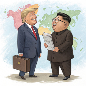 Caricature illustration of Donald Trump and Kim Jong-un. Both leaders portrayed in a whimsical style, standing in front of the world map. Scene depicts a light-hearted but critical view of international relations.