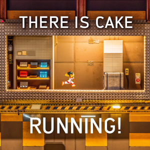 Portal game scene with Chell, in a retro pixel art style, against a black backdrop. Text 'There is cake running!' overlays the image, with muted colors and bright accents.