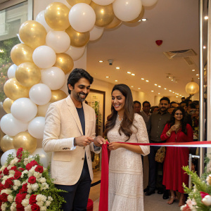 Vikram Baidyanath and Sonya Jehan celebrating the opening of a luxury boutique. Festive atmosphere, surrounded by guests and media.