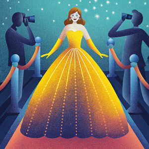 Phoebe Tonkin at a glamorous gala event. Wearing a bold yellow and orange sequined gown. Surrounded by paparazzi.