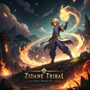 Magical battle scene featuring Zidane Tribal from Final Fantasy IX. Fiery magic surging around him. Game logo banner at the bottom