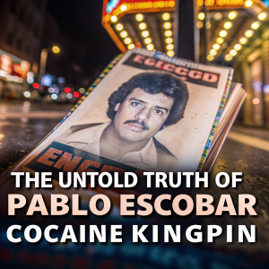 Vintage sepia toned image featuring Pablo Escobar's mugshot from the book cover. Text overlay: 'The Untold Truth of Pablo Escobar - Cocaine Kingpin'