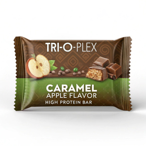 Front view of Tri-O-Plex Caramel Apple Flavor High Protein Bar. The packaging showcases a sleek design with brown and green hues, prominently displaying the brand name and product flavor. The background is plain white, making the text and design elements pop. Eye-catching and informative.