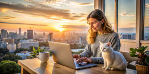 Create a casual illustration of a 30 y.o. lady working from home on their laptop. The person should be sitting at a desk in a comfortable and relaxed setting, maybe a cozy living room. They could be wearing comfy clothes like pajamas or a sweatshirt. The desk should be organized but not overly so, with a few papers, a coffee mug, and white playful cat nearby. The overall vibe should be chill and productive, with a focus on getting things done in a relaxed environment. Add: view of TLV and sunset