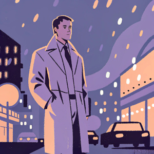 Screenshot from Netflix's Mindhunter, featuring a character in a detailed comic-style illustration. Urban night scene with neon lights