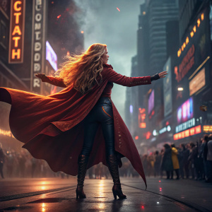 A female protagonist with flowing golden locks and a fiery red cloak. She stands on a bustling city street. Crowds and neon lights in the background. She's in a dynamic pose with arms stretched out wide.