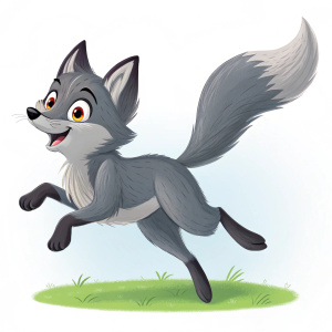 3D digital illustration of a gray fox. Cartoon-style character in mid-jump, detailed fur and facial expression.