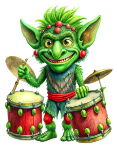 very comic and crazy green troll, illustration, red accessories, playing drum kit on skulls, vintage cartoon effect, white background