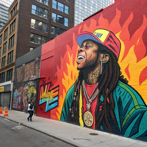 Lil Wayne in a colorful mural. Street art scene. Vibrant urban background