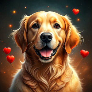 perro golden retriever con chica de cabello castaño ojos marrones claros y con fondo de corazones que diga happy valentines day mom
