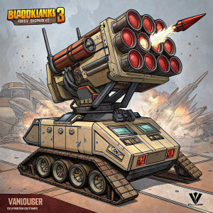Illustration of the Vanquisher Rocket Pod from Borderlands 3's Iron Bear customization. Digital artwork with comic book style. Combat-ready design with sturdy structure and various components.