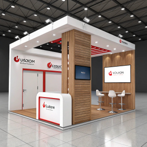 3D rendering of a sleek, modern booth for UStarcom at tech conference. White and red accents, wooden structure, shiny floor.