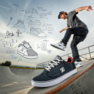 Steve Berra, professional skateboarder, showcases DC Shoes in a vibrant, dynamic advertisement. The ad highlights a sleek Steve Berra Pro Model sneaker, alongside intricate sketches of various shoe designs and their technical features.