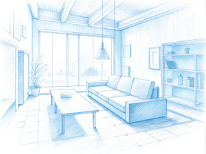 a sketch of a beautiful High-tech living room in pencil, a kitchen cabinet behind the white sofa, with minimal pictures on the wall, linen curtain next to the classroom window, coffee table, modern wood, ceiling with magnetic emissive lighting