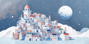 White illustration,  Wes Anderson style, structural aesthetics, surreal collage of many complex houses and briges, huge ocean and galaxy sky, soft lines, more white, grainy paper