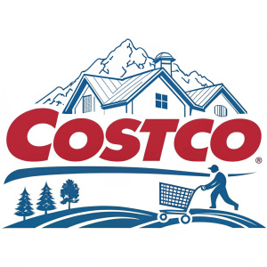 The Costco logo, featuring bold blue and red colors, prominently displays the brand name with simplicity.
