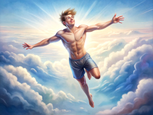 realistic cute shirtless slender tanned smiling guy with short hair wearing shirt tight shorts is flying in the sky among the clouds with great speed, arms spread wide