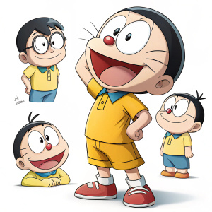 Digital illustration of Nobita from Doraemon. Various angles showcasing his round face and cartoonish features. Wearing iconic yellow shirt and casual shoes