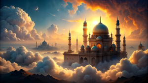 "Generate an AI image featuring a mosque suspended in the celestial expanse, shrouded in highly realistic, towering clouds. Place a sunset sun at its center, casting warm hues across the scene. Emphasize intricate details in the mosque's design and ensure the clouds are rendered with a photorealistic quality, creating a visually stunning composition. Capture the ethereal atmosphere as the mosque floats in the sky, bathed in the soft glow of the setting sun. Happy creating!"