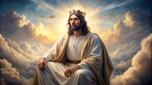 create an image of handsome Jesus Christ with short hair, brown skin, light brown eyes, on the clouds dressed as king, photo realism.