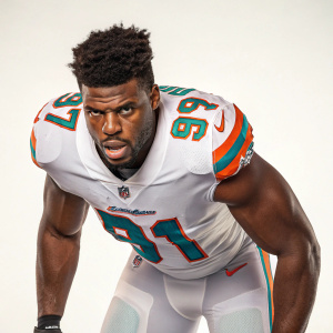 Cameron Wake, the fierce NFL linebacker, stands in an action-packed stance. The plain background highlights his intense gaze and powerful physique.