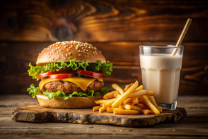 A delectable scene featuring a sesame bun burger with crispy french fries and a creamy milkshake for sale on Freepik in the style of high-resolution photography inspired by Annie Leibovitz, with a 50mm lens capturing the rich textures and vibrant colors, set in a warm and inviting color temperature, showcasing the juicy burger and golden fries, with soft natural lighting enhancing the appetizing atmosphere

Negative Prompts: ugly, tiling, poorly drawn hands, poorly drawn feet, poorly drawn face,