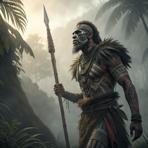 Digital artwork of a tribal warrior from Kong: Skull Island. Concept art illustration.