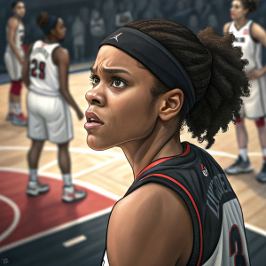 Moriah Jefferson, intense expression, wearing a black headband and jersey. Basketball court background, teammates visible.