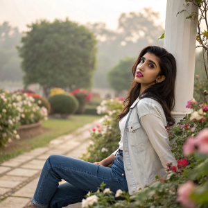 Charu Asopa, a young Indian woman, in a casual yet stylish outfit, poses outdoors in a serene garden setting with soft natural light.